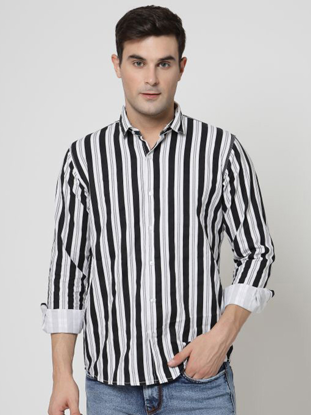 

ADWYN PETER New Vertical Striped Cotton Casual Shirt, Black