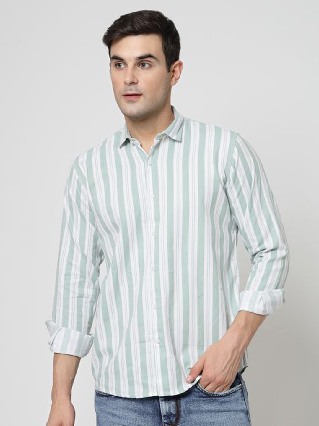 

ADWYN PETER New Vertical Striped Cotton Casual Shirt, Teal