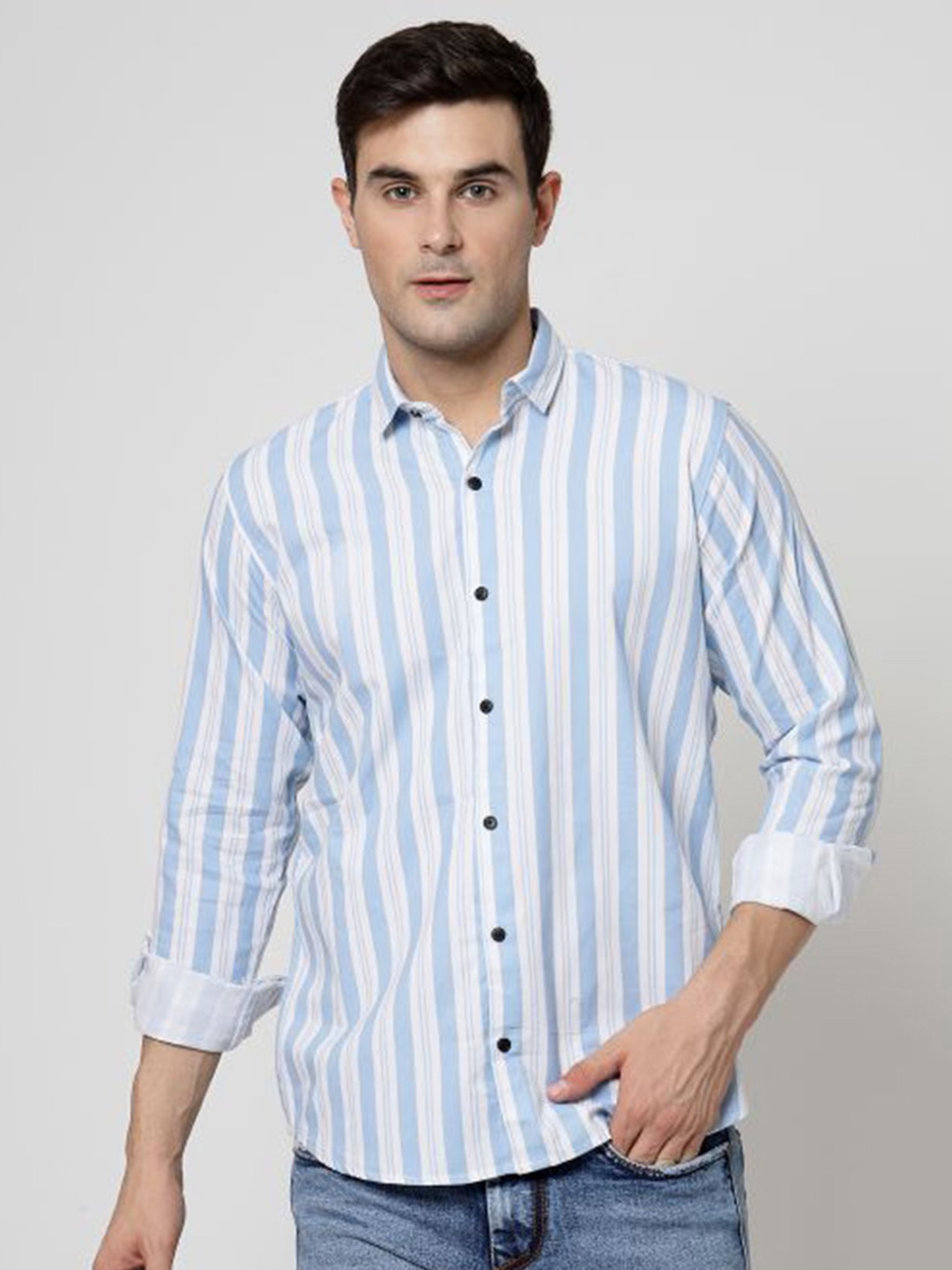 

ADWYN PETER New Vertical Striped Cotton Casual Shirt, Blue