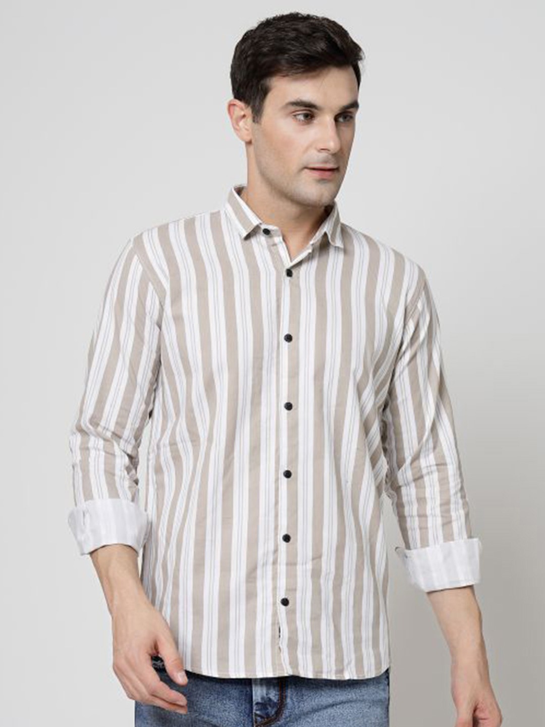 

ADWYN PETER New Vertical Striped Cotton Casual Shirt, Beige