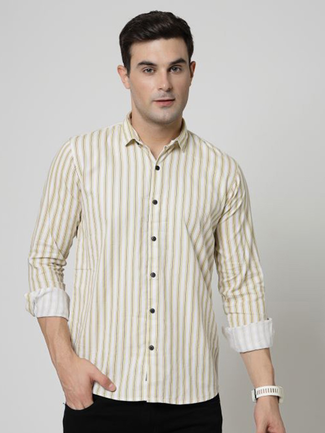 

ADWYN PETER New Vertical Striped Cotton Casual Shirt, Yellow