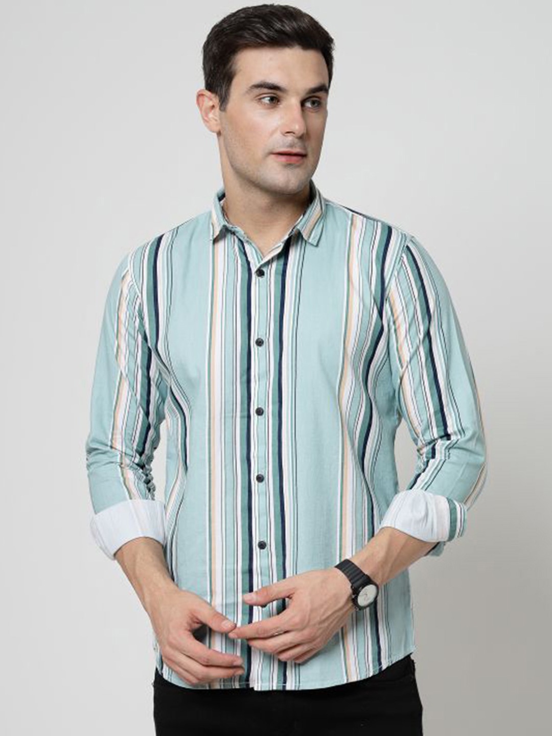 

ADWYN PETER New Vertical Striped Cotton Casual Shirt, Teal