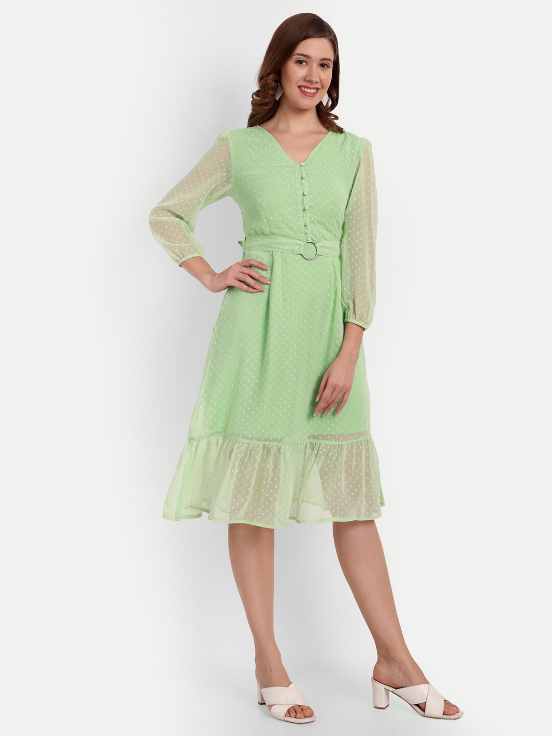 

D 'VESH Self Design Puff Sleeve Fit & Flare Dress, Lime green