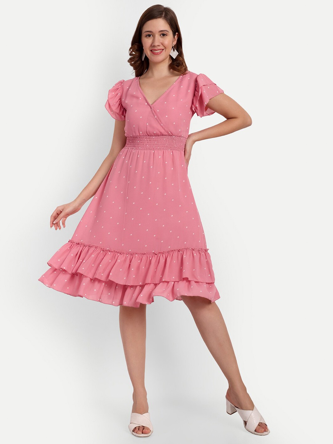 

D 'VESH Polka Dot Printed Flutter Sleeve Fit & Flare Dress, Pink