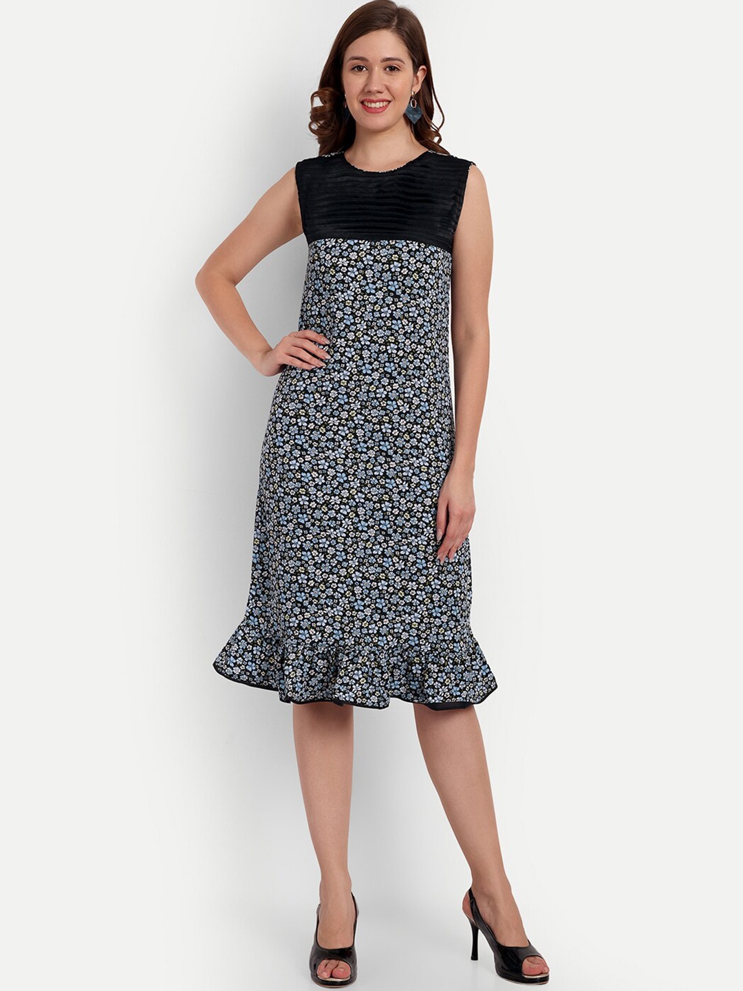 D 'VESH Floral Printed A-Line Dress, Black