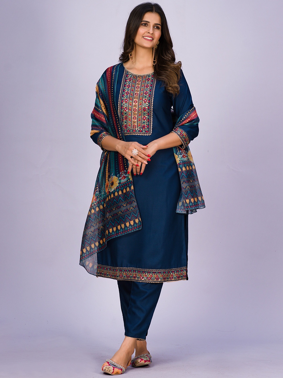

KALINI Floral Embroidered Kurta & Trousers With Dupatta, Navy blue