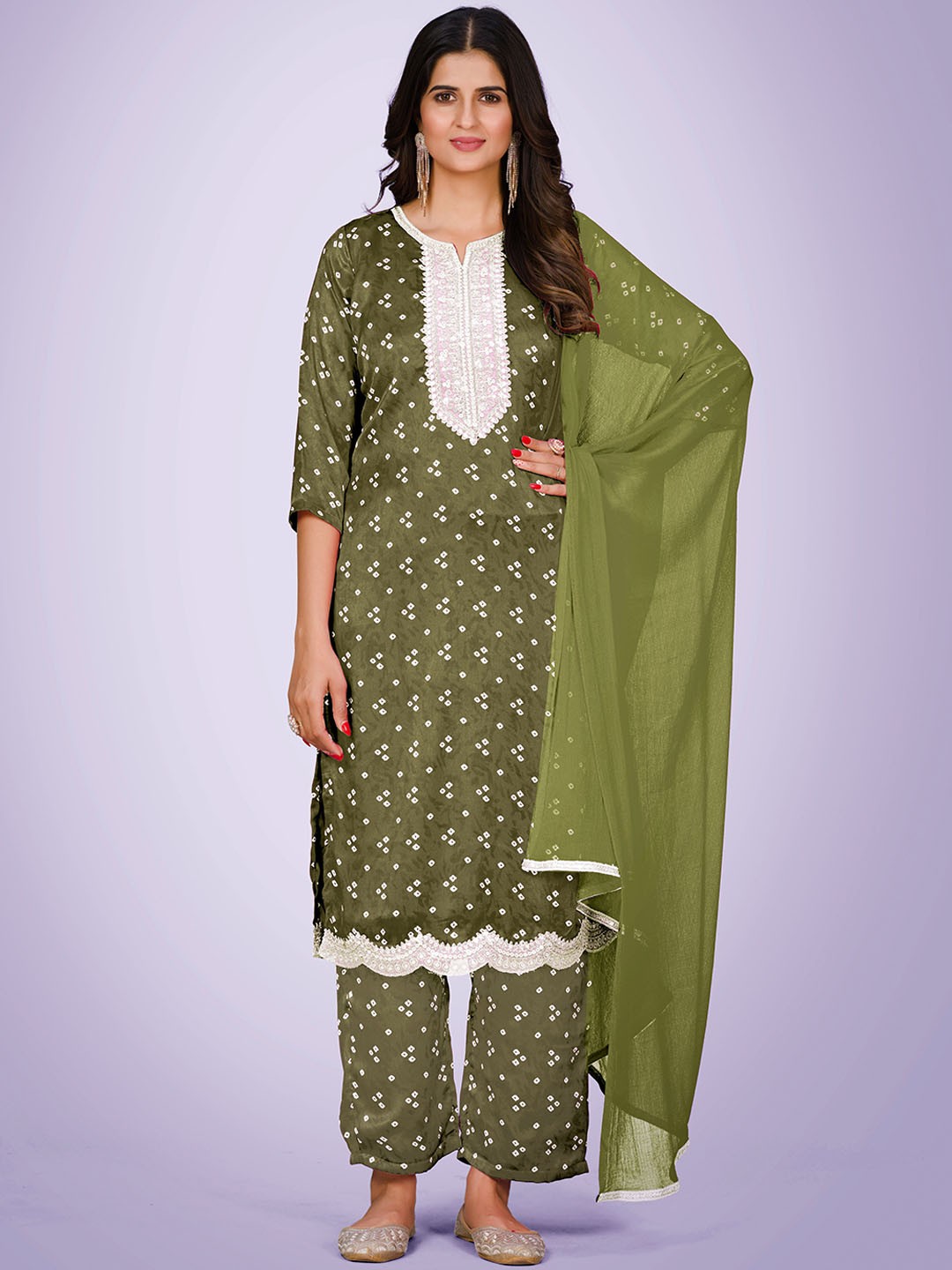 

KALINI Bandhani Printed Regular Thread Work Kurta with Trousers & Dupatta, Lime green