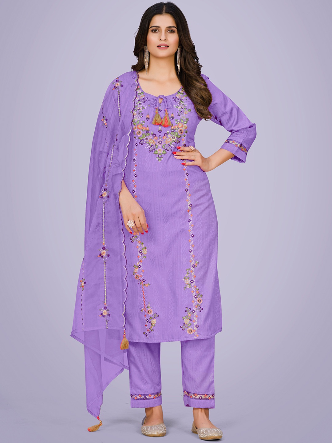 

KALINI Floral Embroidered Kurta & Trousers With Dupatta, Purple