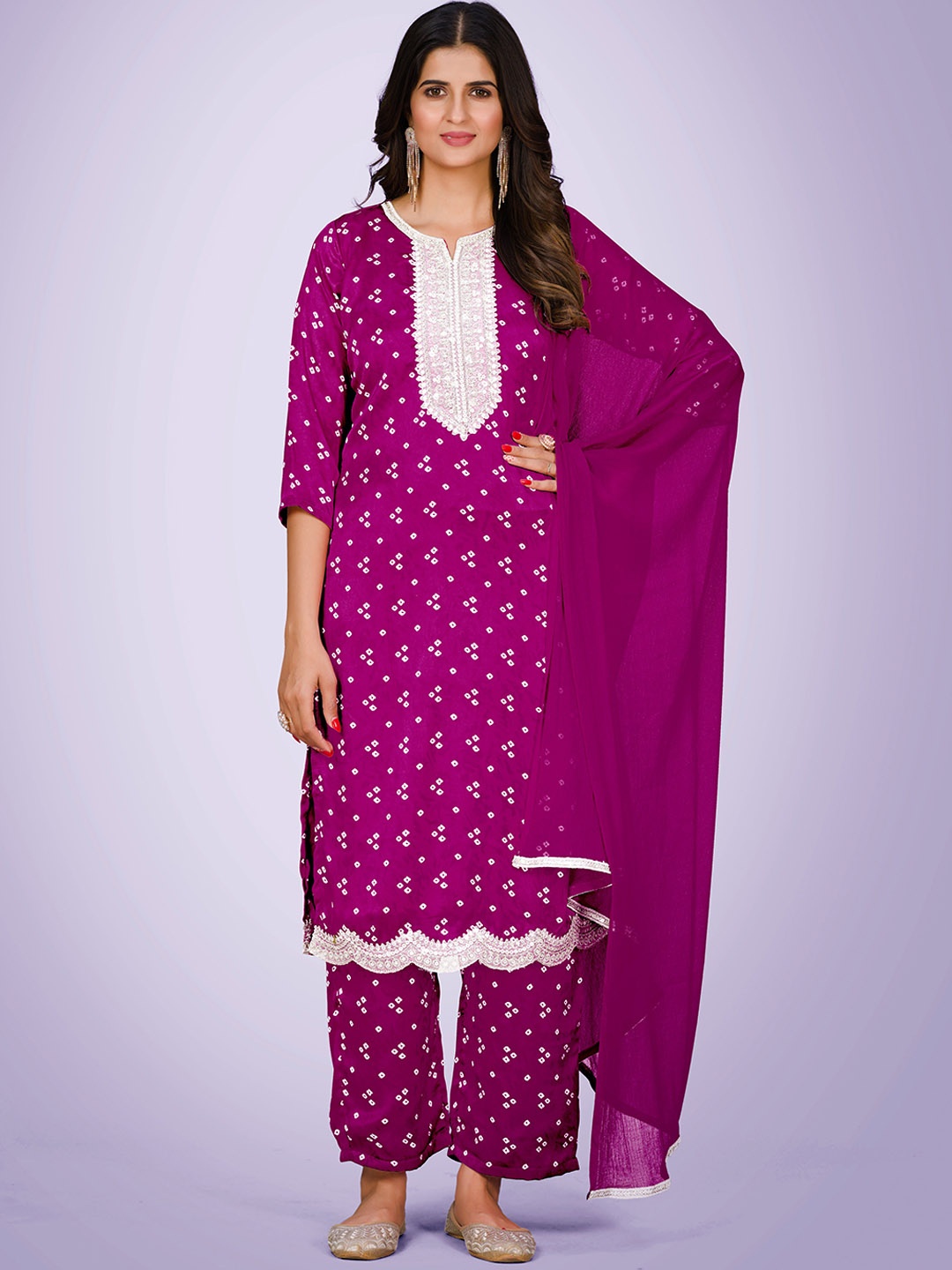 

KALINI Bandhani Printed Thread Work Kurta & Trousers With Dupatta, Pink