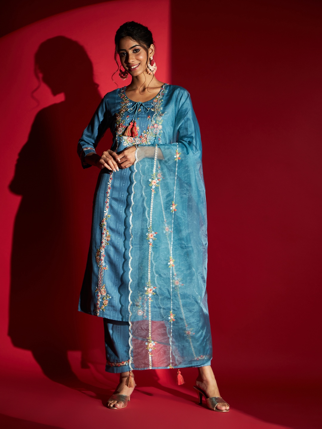 

KALINI Floral Embroidered Thread Work Kurta & Trousers With Dupatta, Turquoise blue