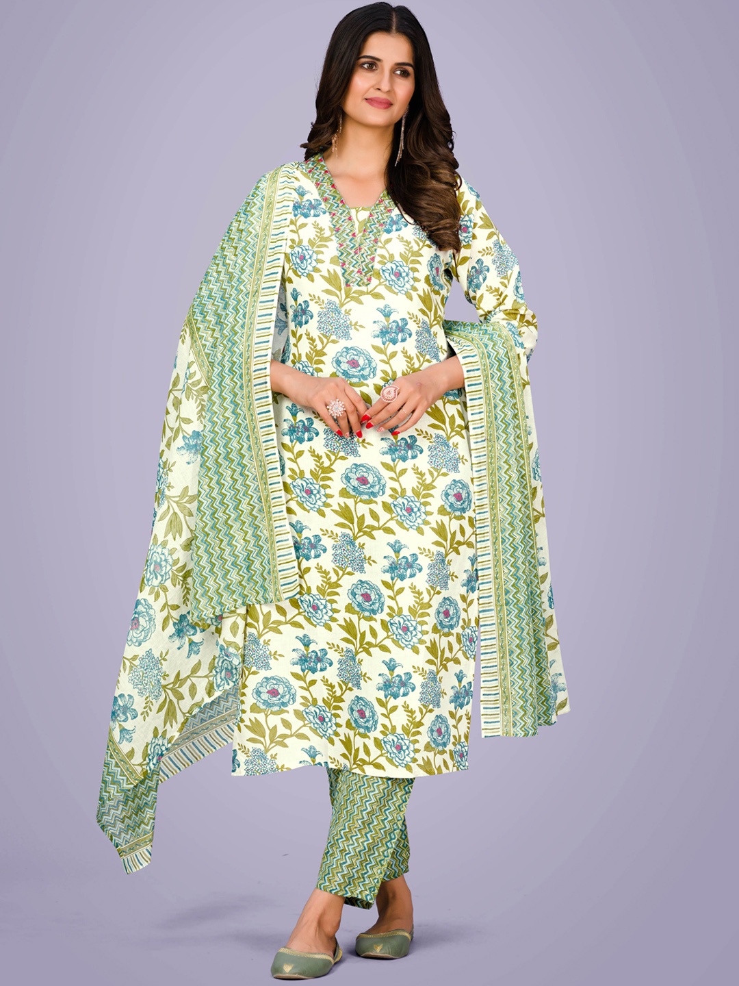 

KALINI Floral Printed Regular Kurta with Trousers & Dupatta, Green