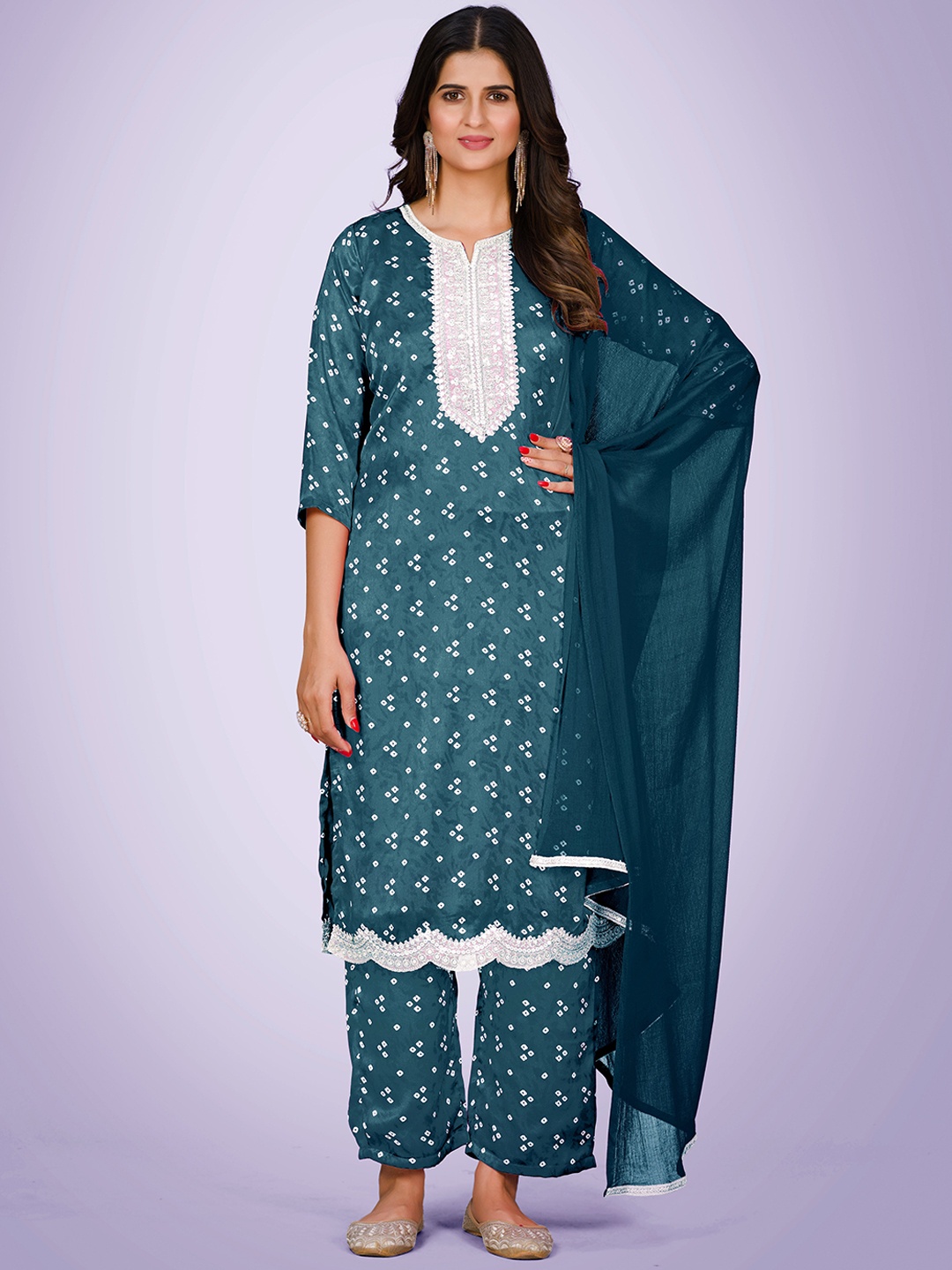 

KALINI Bandhani Printed Regular Thread Work Kurta with Palazzos & Dupatta, Turquoise blue