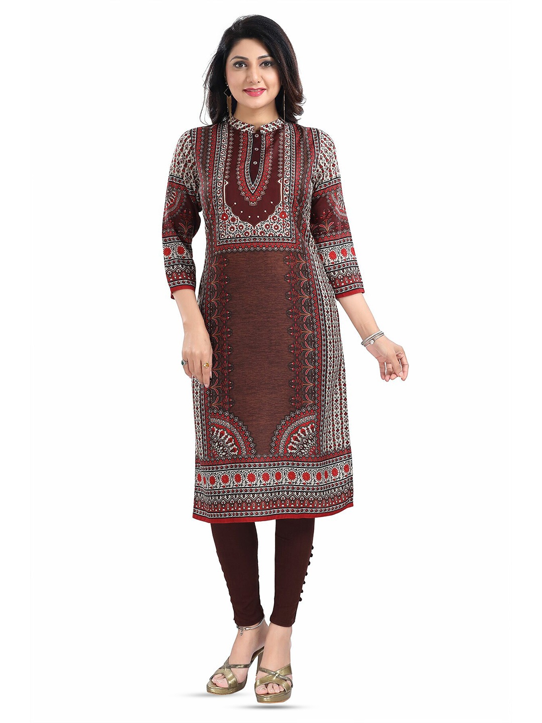 

keshubaba Ethnic Motifs Printed Thread Work Straight Kurta, Maroon