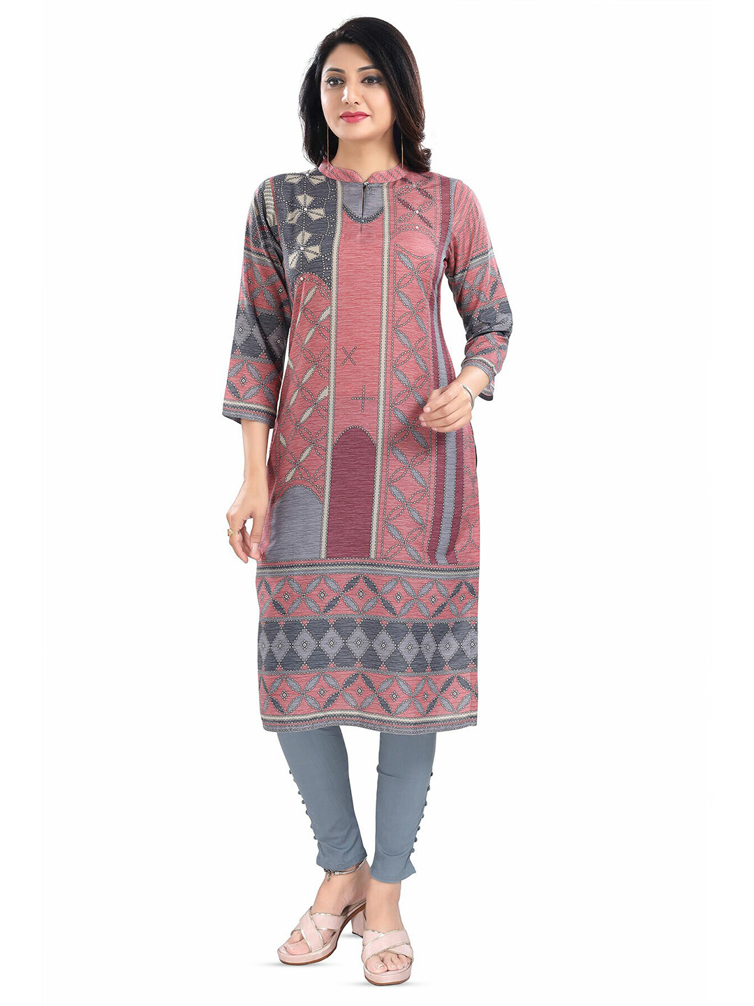 

keshubaba Ethnic Motifs Printed Straight Kurta, Pink