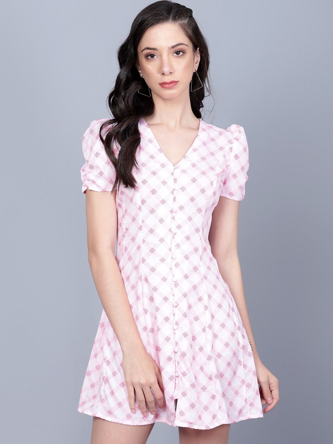 

The Roadster Lifestyle Co. Pink & White Checked V-Neck Smocked A-Line Mini Dress