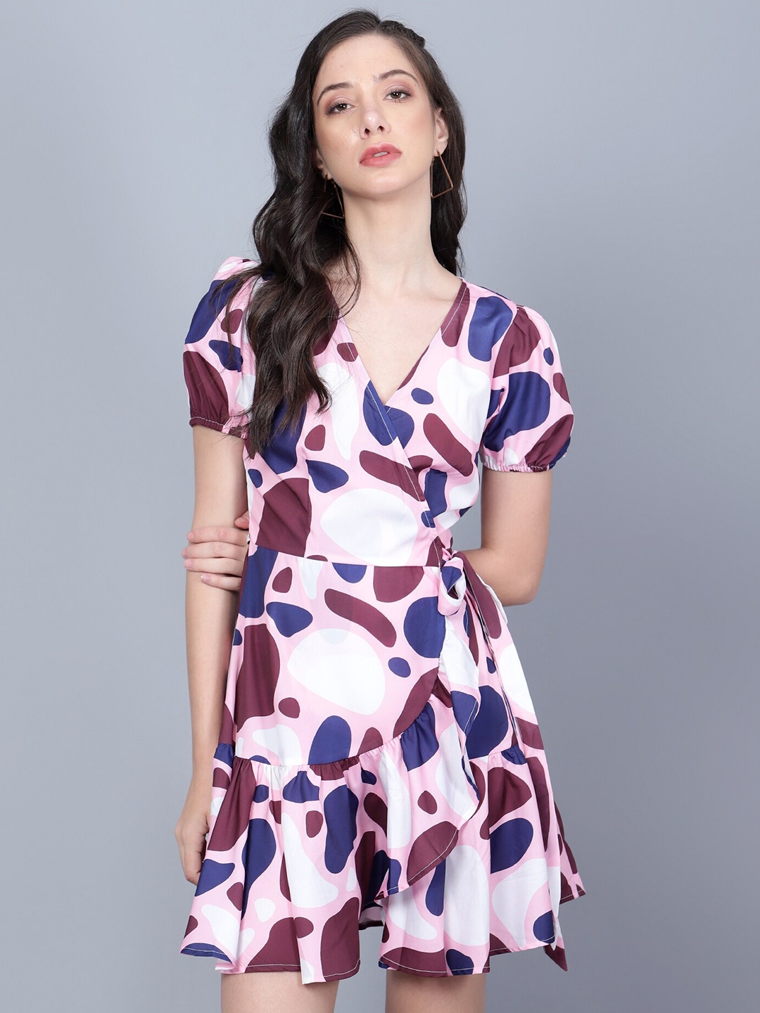 

The Roadster Lifestyle Co. Pink Abstract Printed V-Neck Smocked Wrap Mini Dress