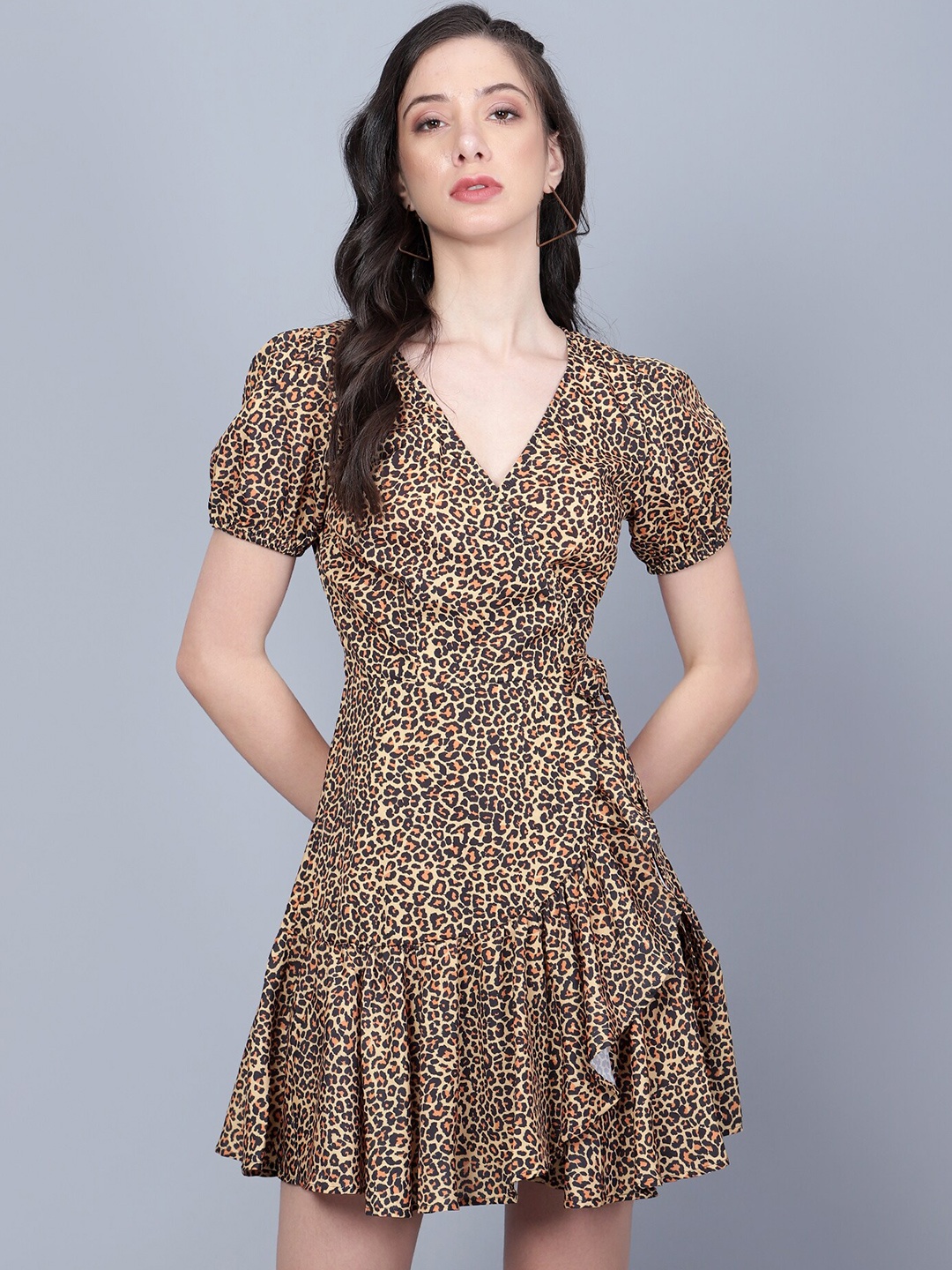 

The Roadster Lifestyle Co. Brown Animal Printed V-Neck Wrap Mini Dress