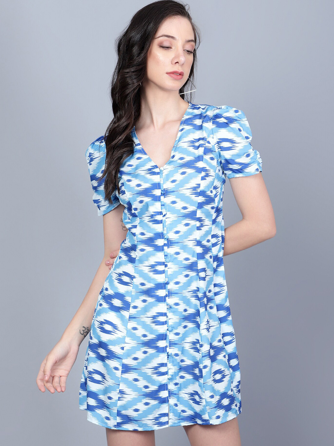 

Roadster Ethnic Motifs Printed A-line Mini Dress, Blue