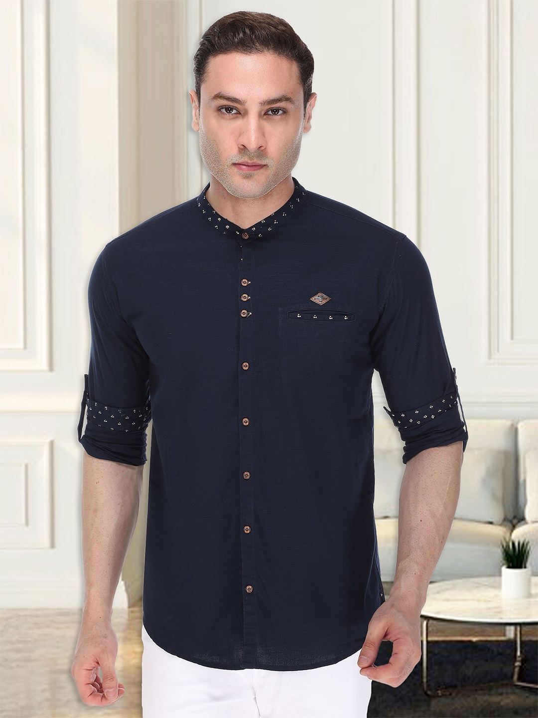 

Kuons Avenue Smart Slim Fit Roll Up Sleeves Linen Cotton Casual Shirt, Blue