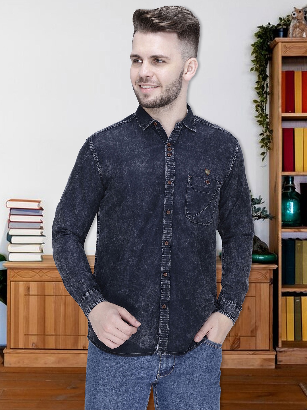 

Kuons Avenue Smart Slim Fit Faded Denim Weave Denim Casual Shirt, Black