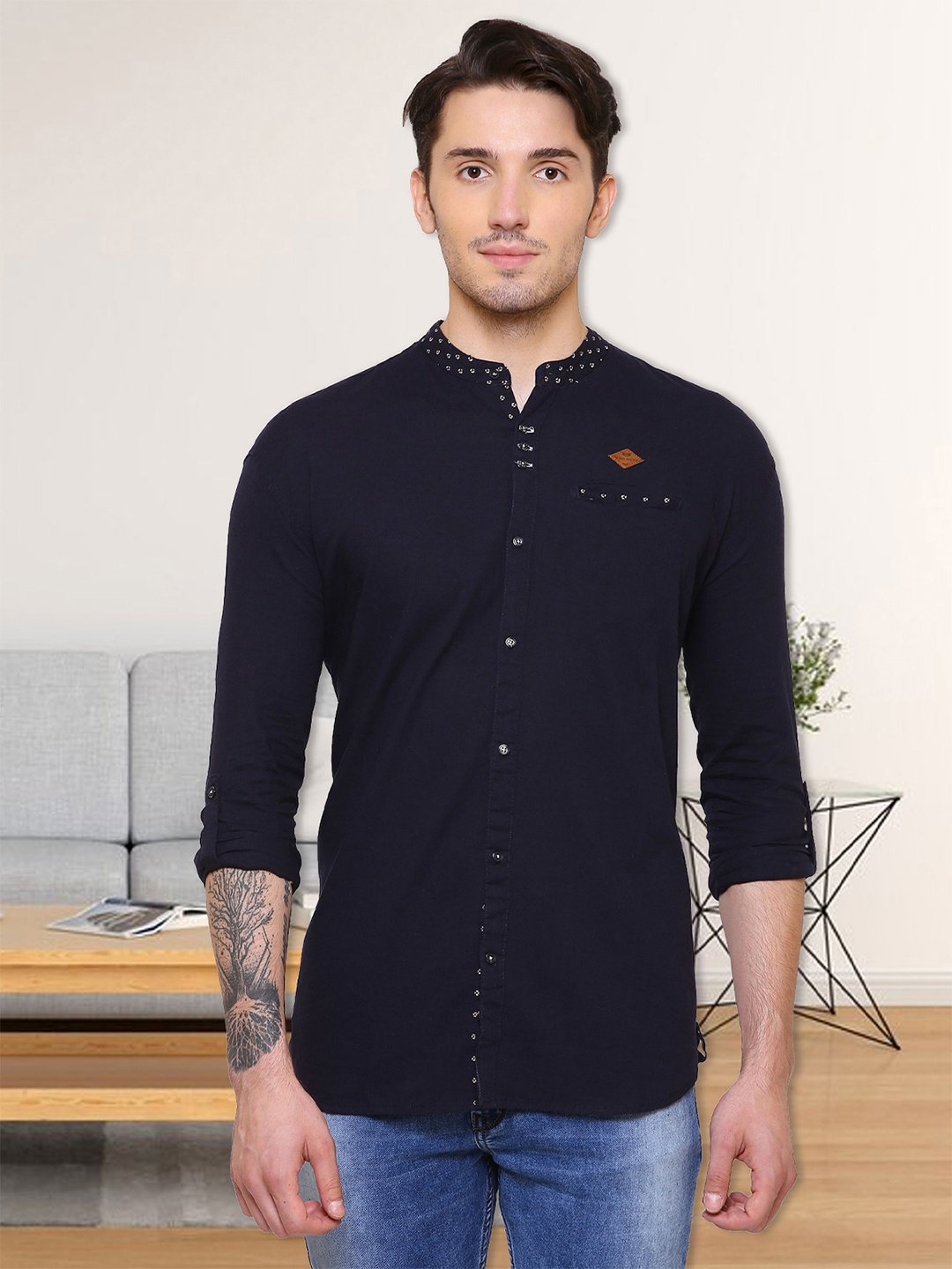 

Kuons Avenue Smart Slim Fit Roll Up Sleeves Linen Cotton Casual Shirt, Blue