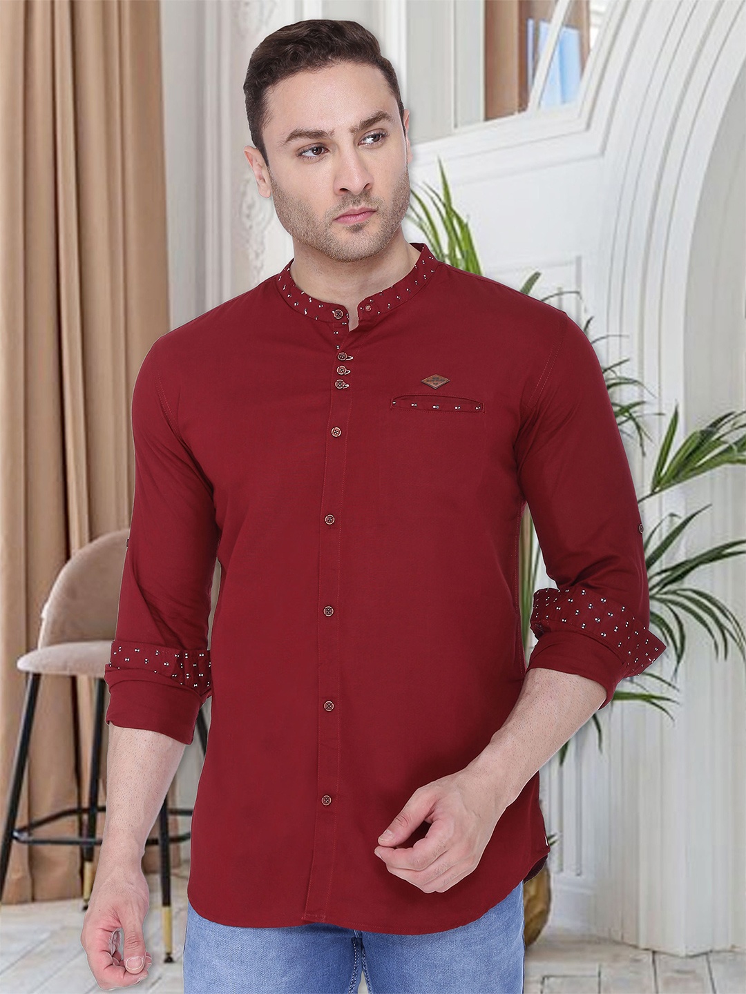 

Kuons Avenue Smart Slim Fit Roll Up Sleeves Linen Cotton Casual Shirt, Maroon