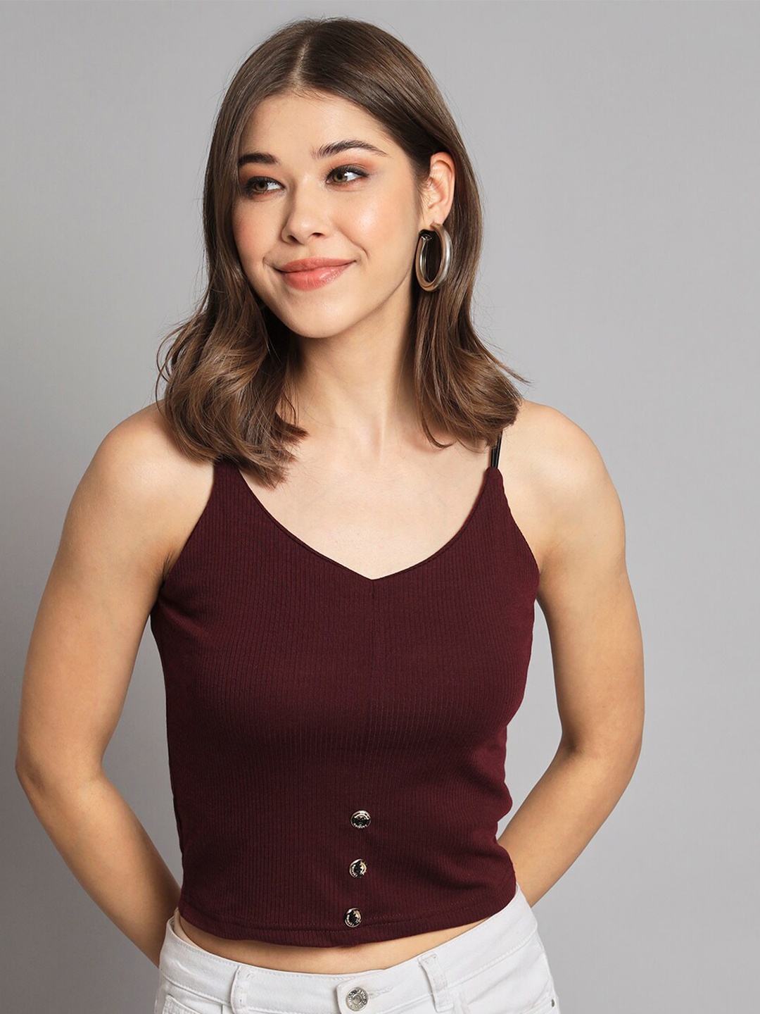 

BROOWL Ribbed Cotton Fitted Crop Top, Burgundy