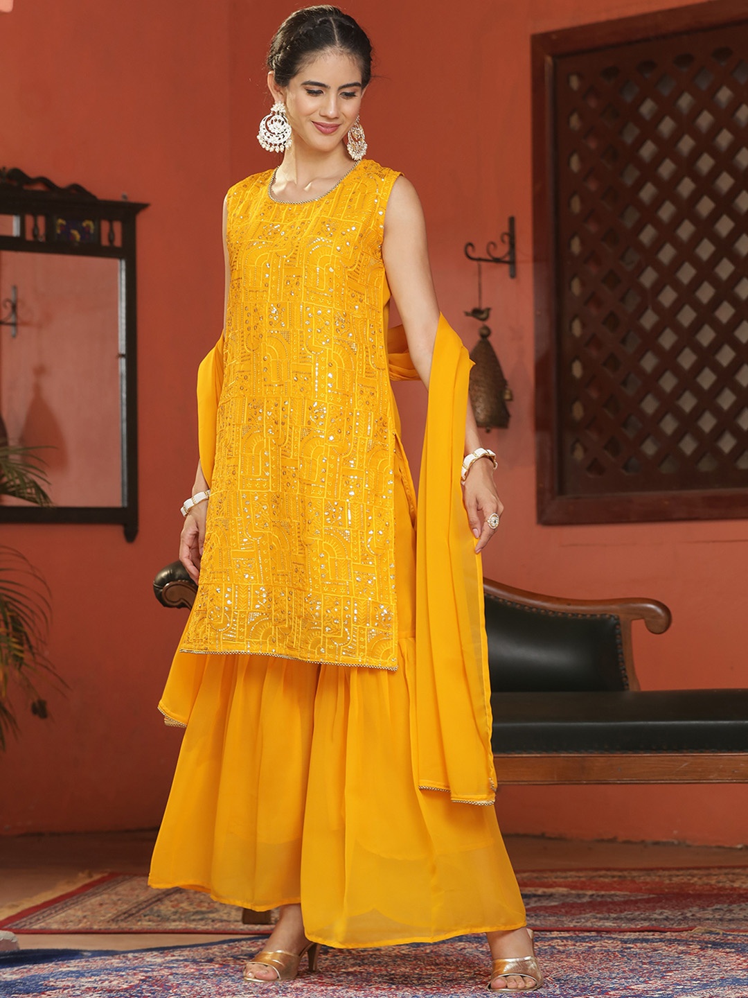 

ASPORA Ethnic Motifs Embroidered Regular Sequinned Kurta & Sharara With Dupatta, Yellow