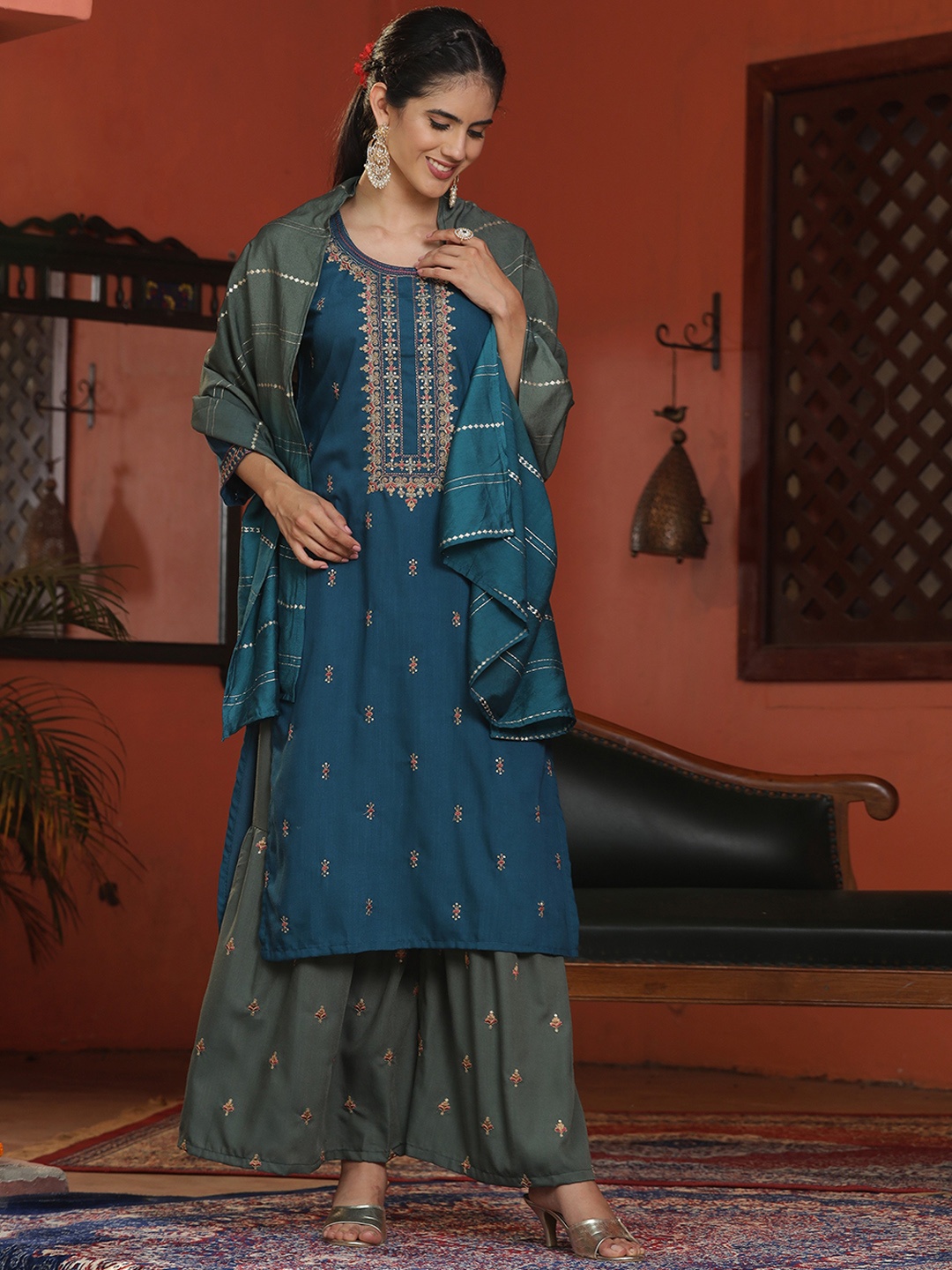 

ASPORA Ethnic Motifs Embroidered Regular Sequinned Kurta & Sharara With Dupatta, Blue