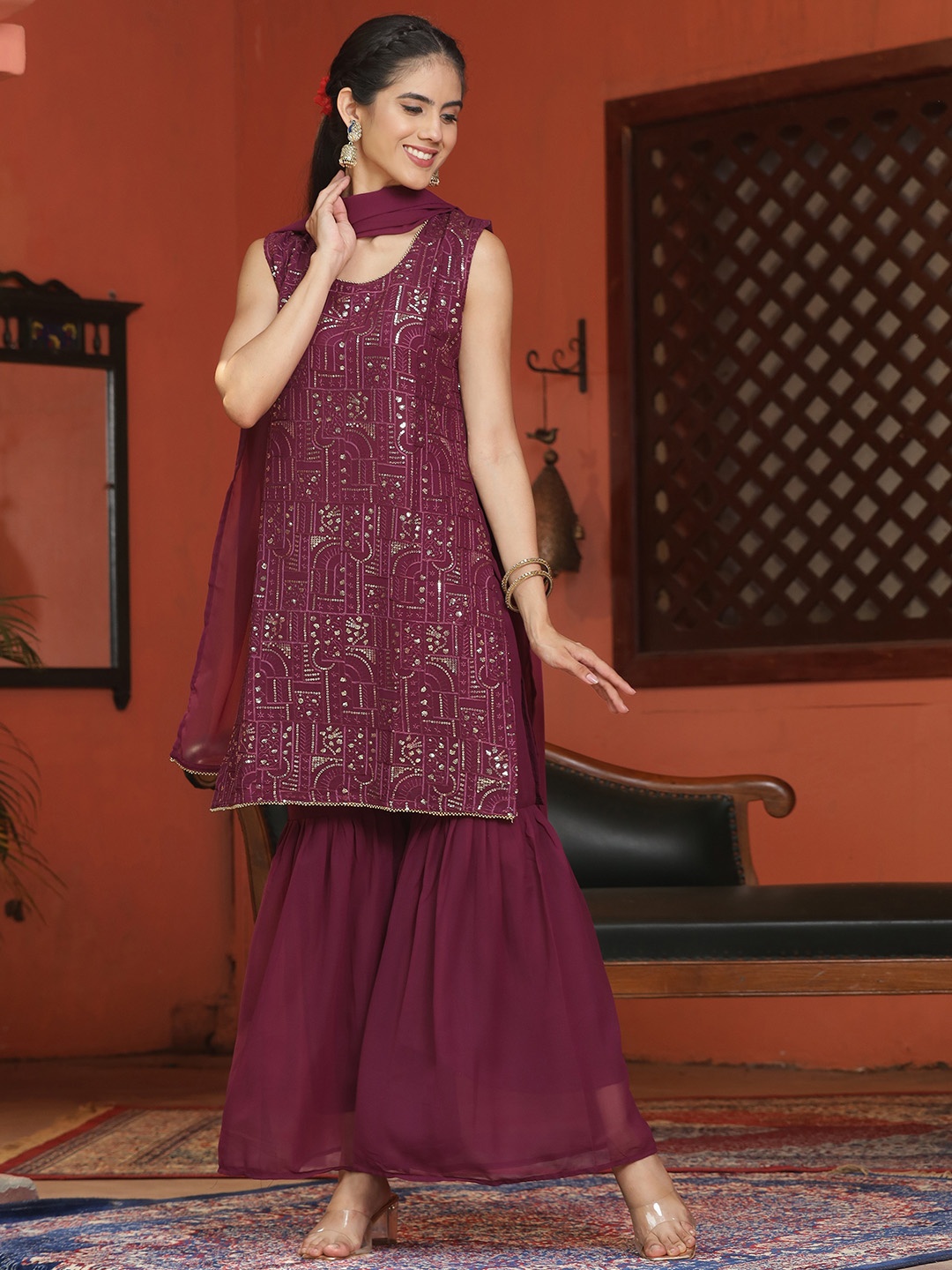 

ASPORA Ethnic Motifs Embroidered Regular Sequinned Kurta & Sharara With Dupatta, Purple