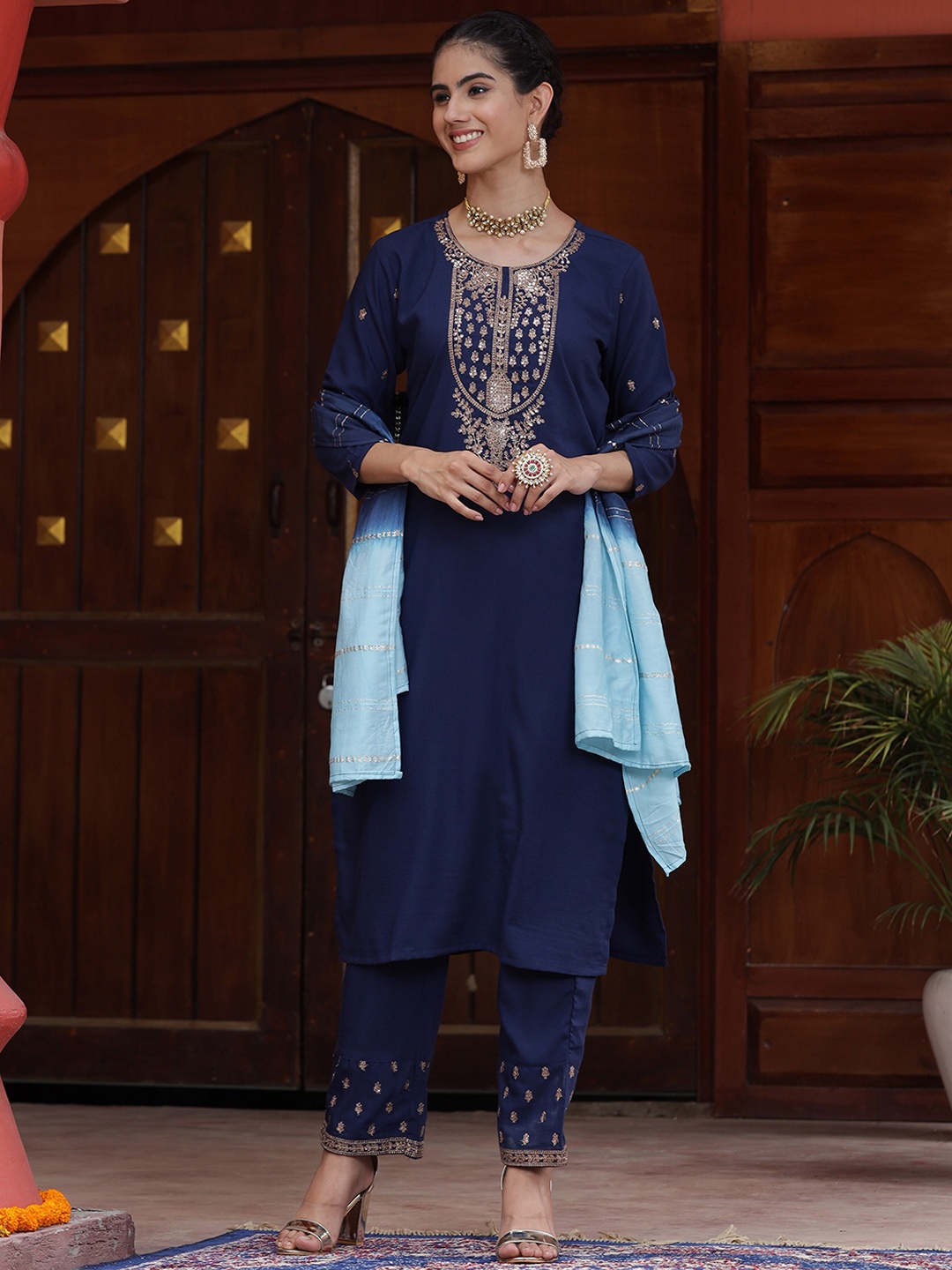 

ASPORA Ethnic Motifs Embroidered Regular Sequinned Kurta & Sharara With Dupatta, Navy blue