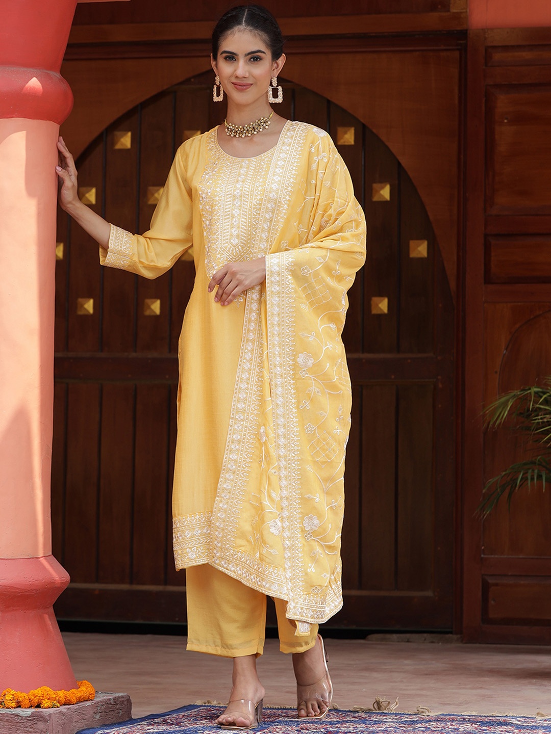 

ASPORA Ethnic Motifs Embroidered Regular Sequinned Kurta & Sharara With Dupatta, Yellow