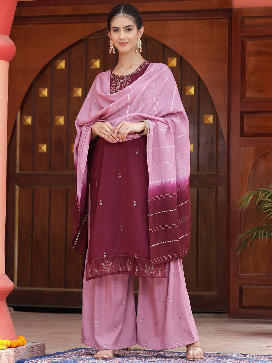 

ASPORA Ethnic Motifs Embroidered Regular Sequinned Kurta & Sharara With Dupatta, Burgundy