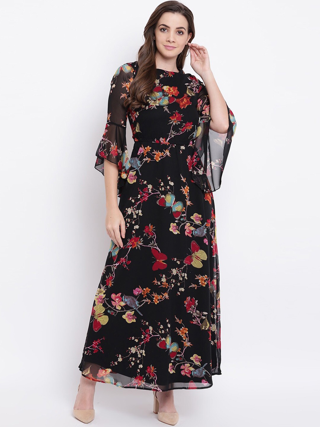 DressBerry Black Floral Printed Bell Sleeve Maxi Dress