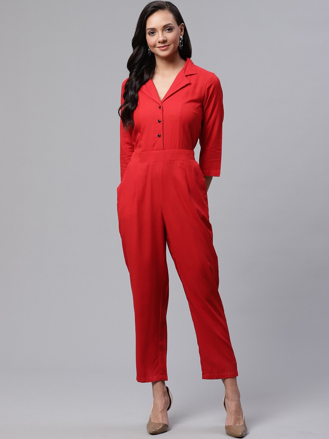 

DressBerry Red Lapel Collar Basic Jumpsuit