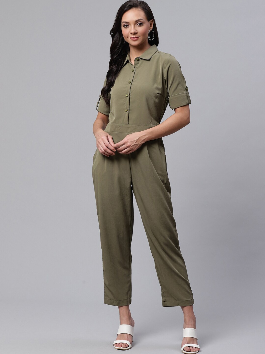 

DressBerry Green Shirt Collar Basic Jumpsuit, Olive