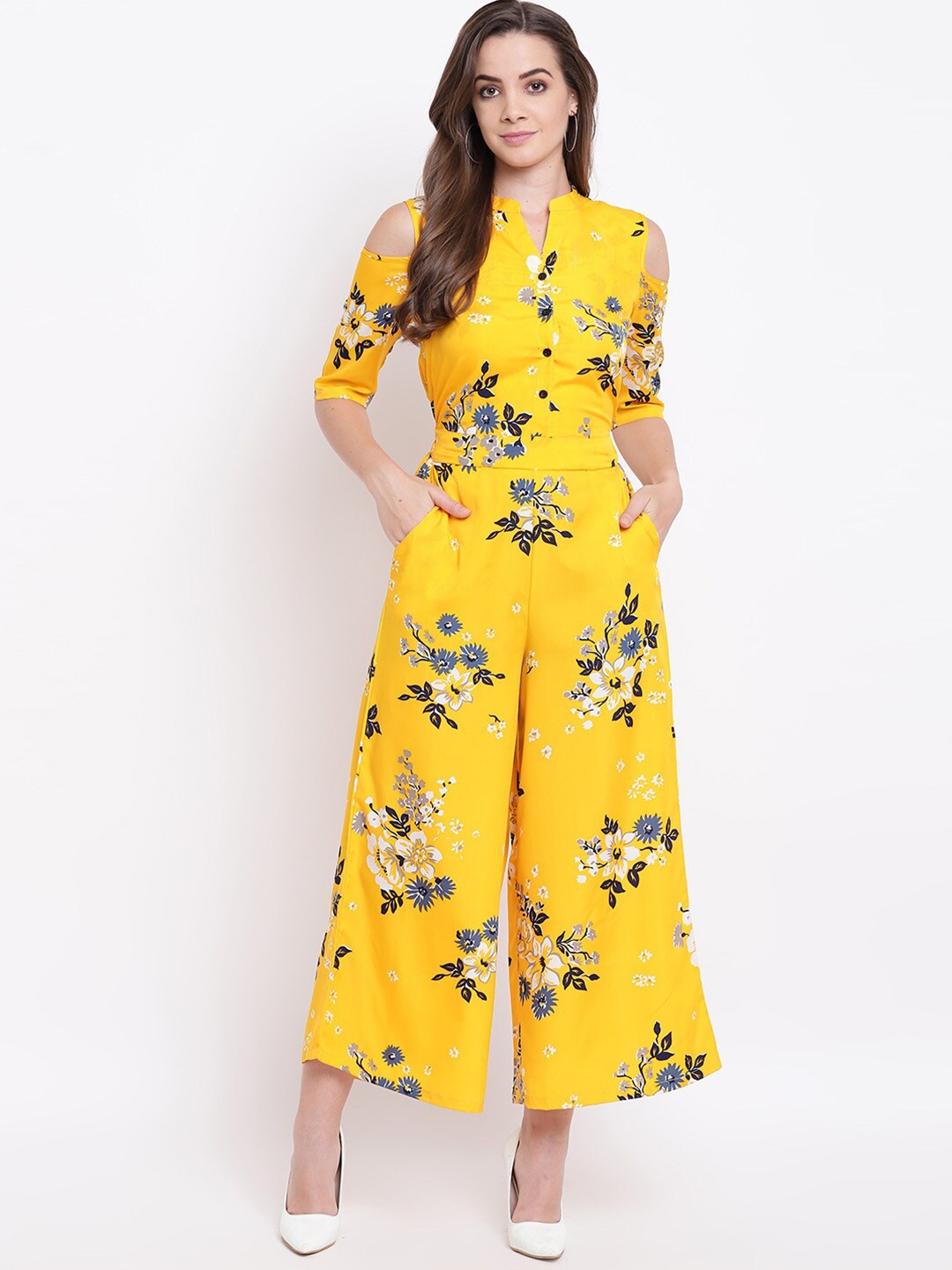 

DressBerry Yellow Floral Printed Mandarin Collar Cold-Shoulder Basic Jumpsuit