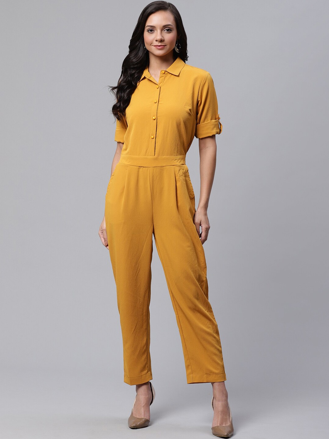 

DressBerry Yellow Shirt Collar Basic Jumpsuit, Mustard