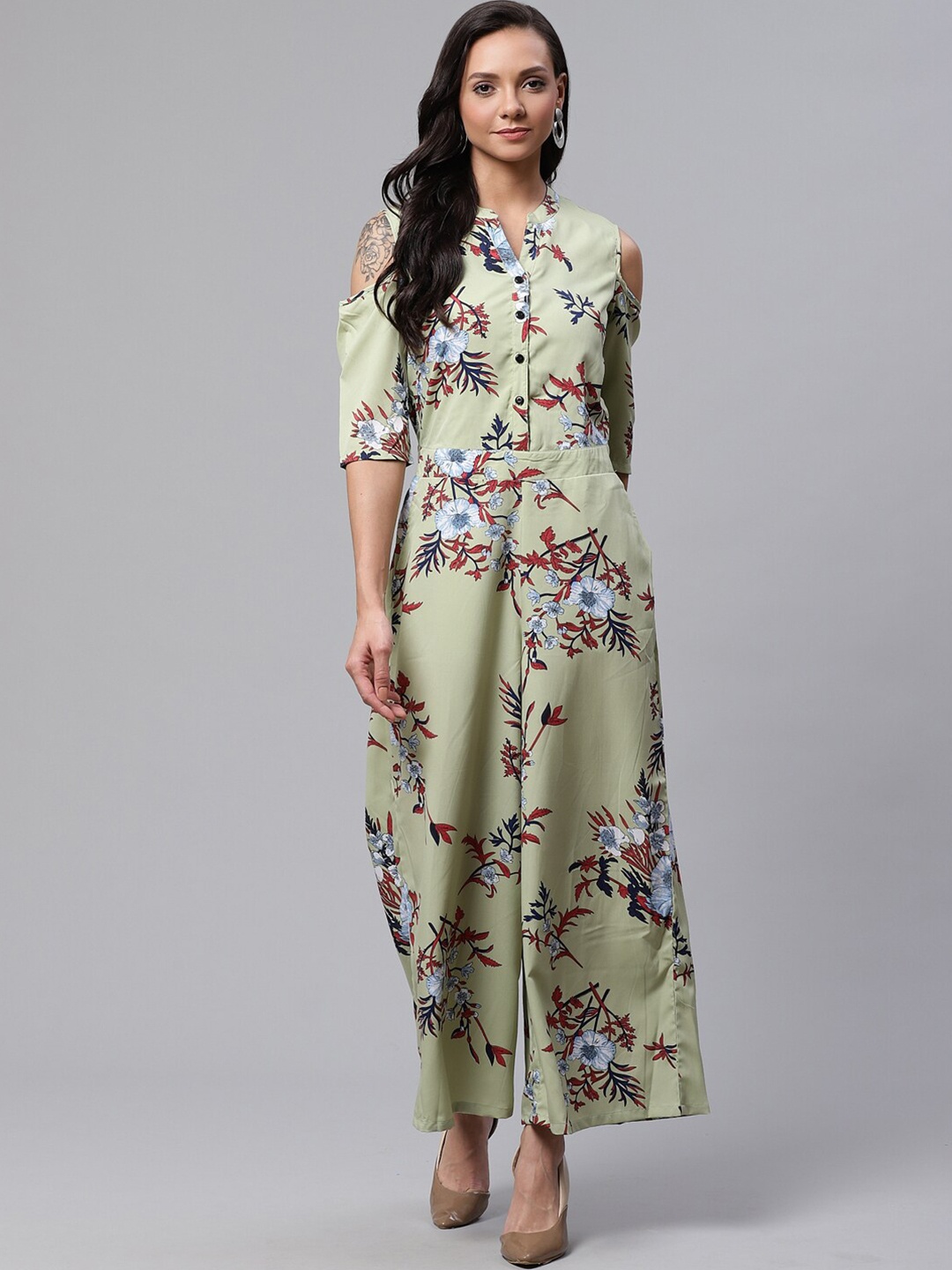 

DressBerry Green Floral Printed Mandarin Collar Cold-Shoulder Basic Jumpsuit