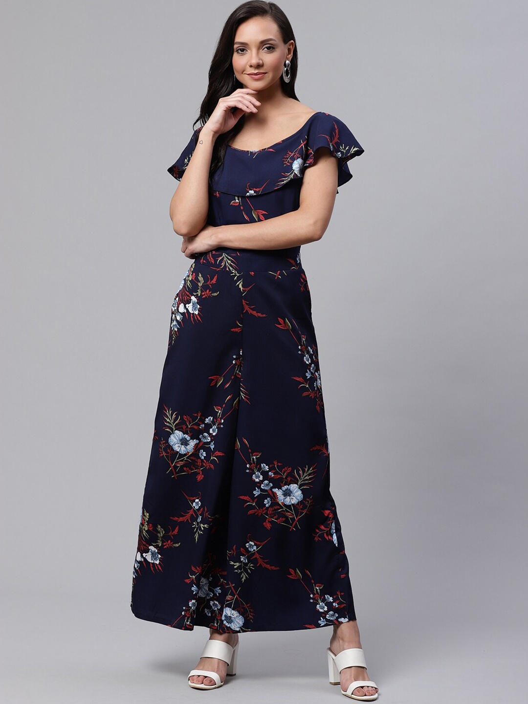 

DressBerry Navy Blue Floral Printed Flutter Sleeve Crepe Basic Jumpsuit