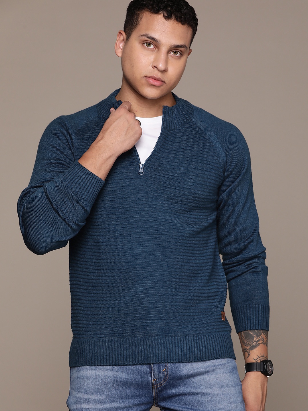 

The Roadster Lifestyle Co. Acrylic Self-Design Pullover with Half-Zip Closure, Blue