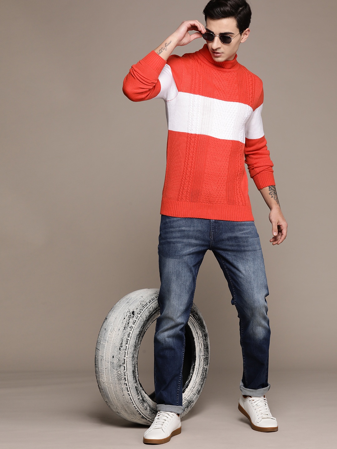 

The Roadster Lifestyle Co. Cable Knit Colourblocked Acrylic Pullover, Orange