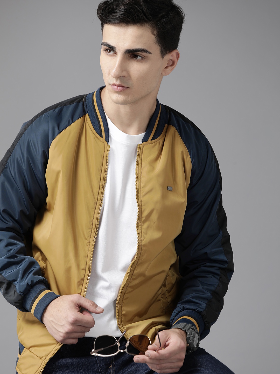 

The Roadster Lifestyle Co. Stand Collar Varsity Jacket, Mustard