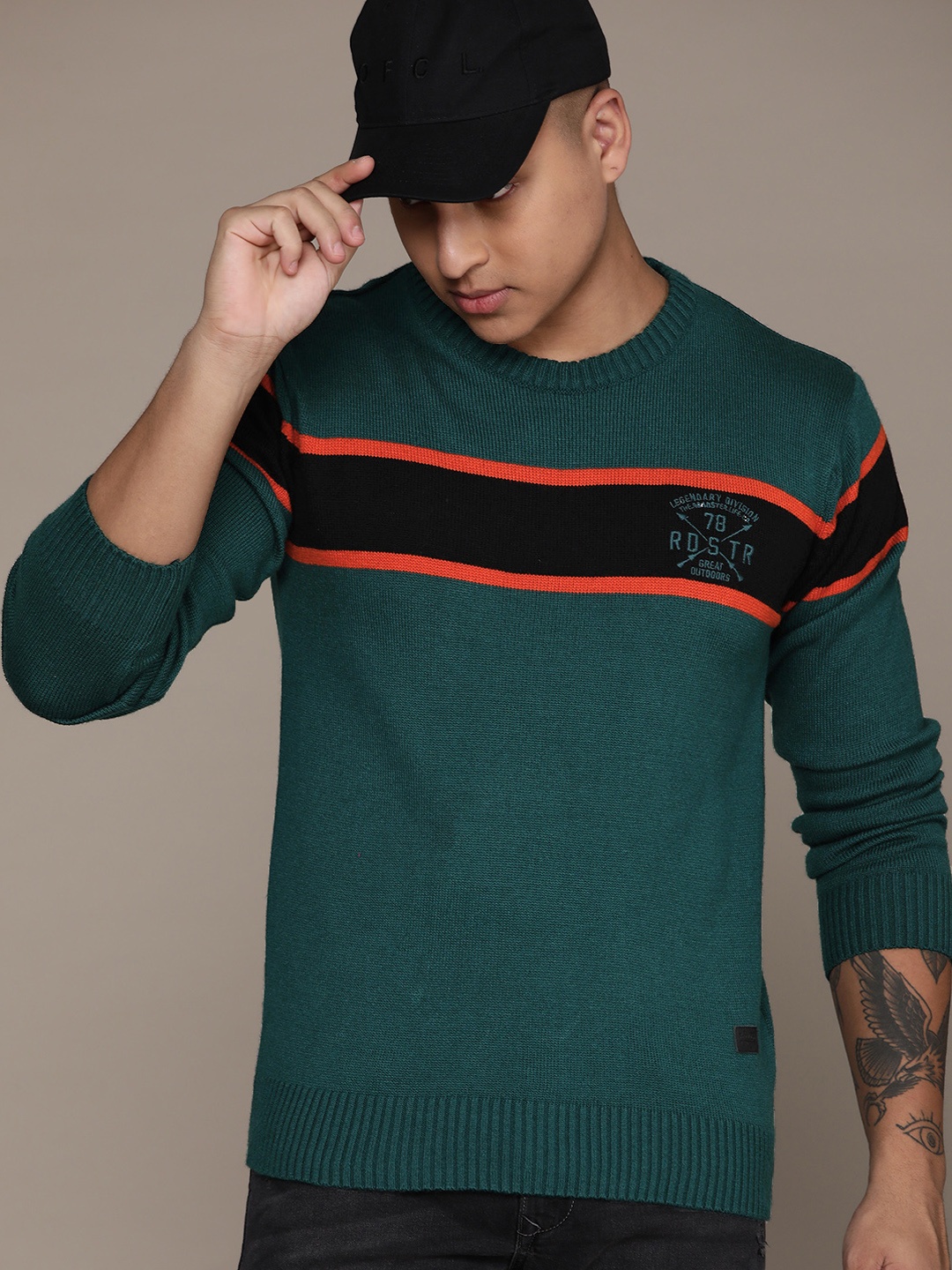 

The Roadster Lifestyle Co. Horizontally Striped Round-Neck Acrylic Pullover, Teal