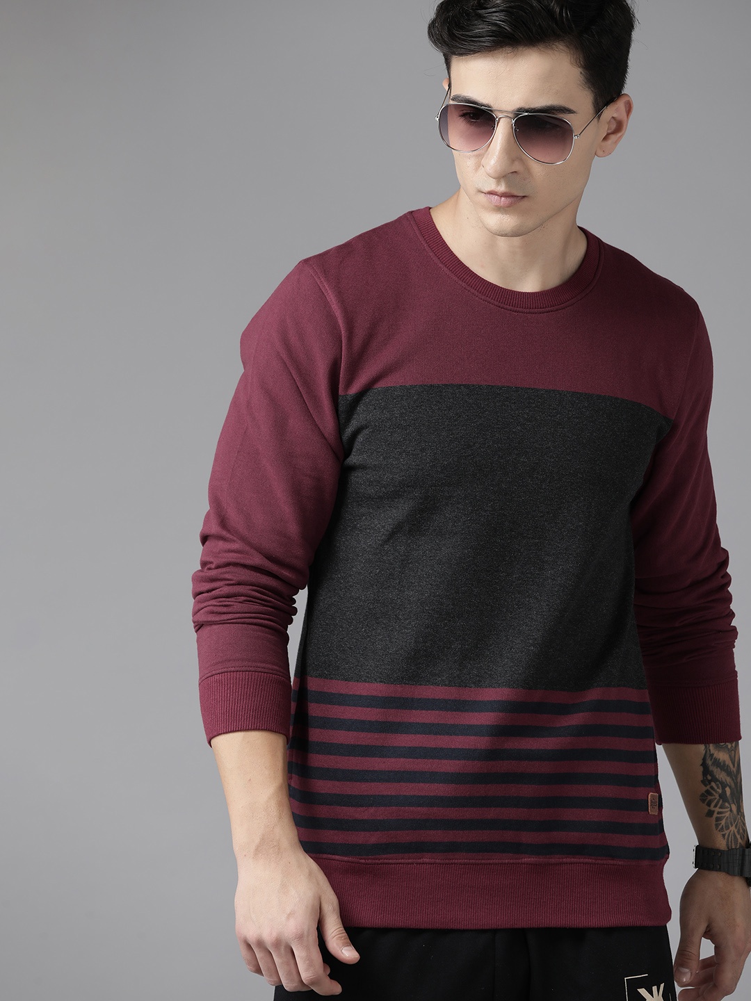 

The Roadster Lifestyle Co. Colourblocked Sweatshirt with Striped Detail, Maroon