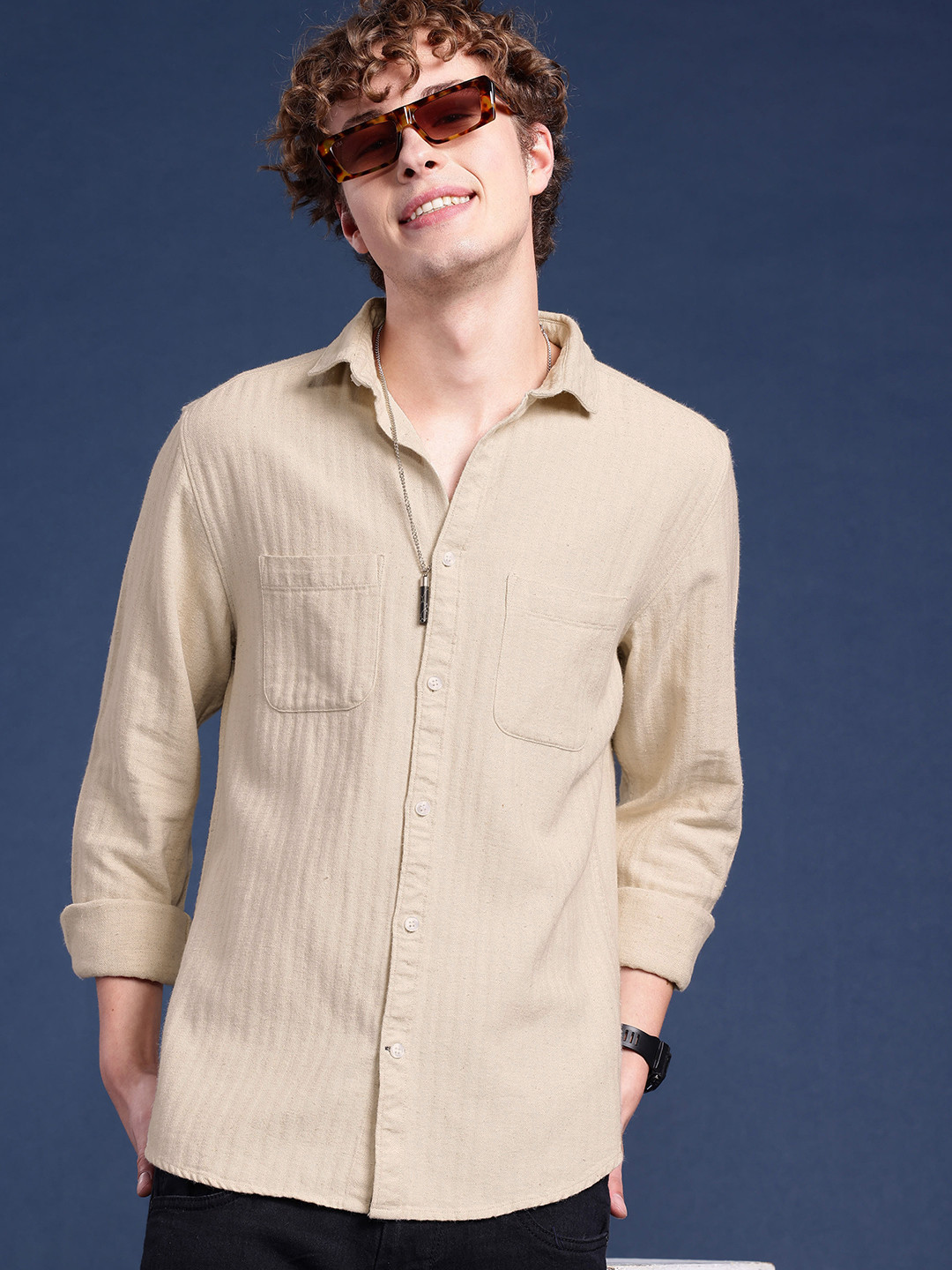 

Mast & Harbour Solid Spread Collar Cotton Linen Casual Shirt, Beige