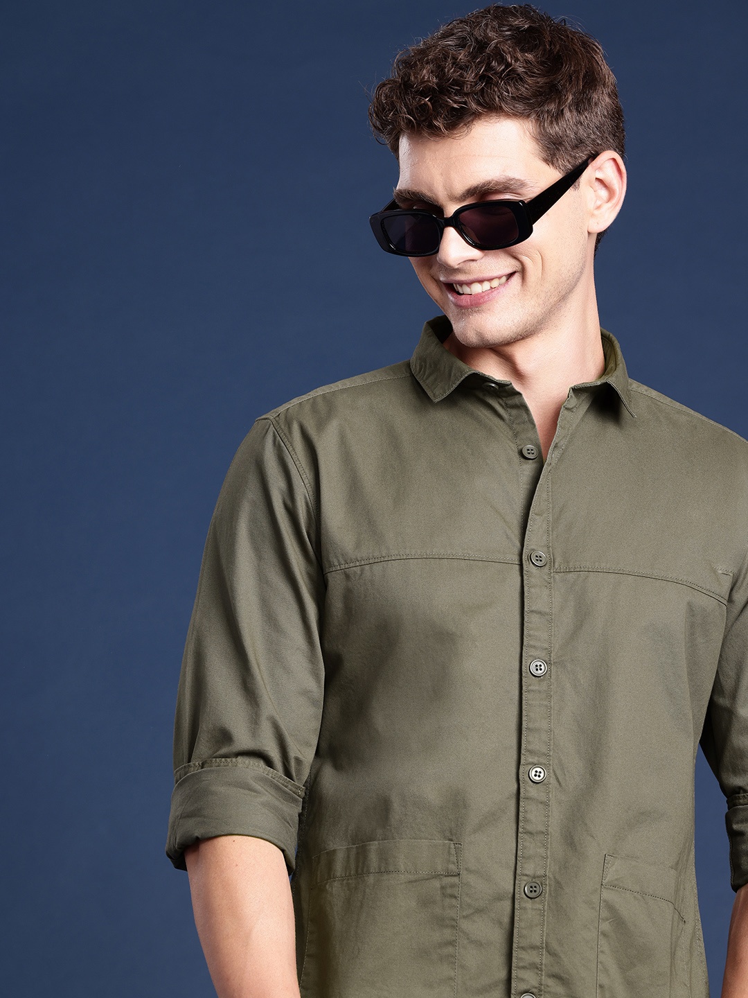 

Mast & Harbour Solid Pure Cotton Casual Shirt, Olive