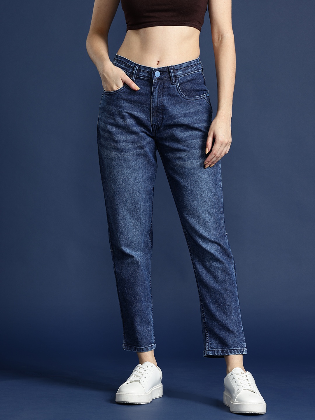 

Mast & Harbour Women Boyfriend Fit High-Rise Stretchable Jeans, Navy blue