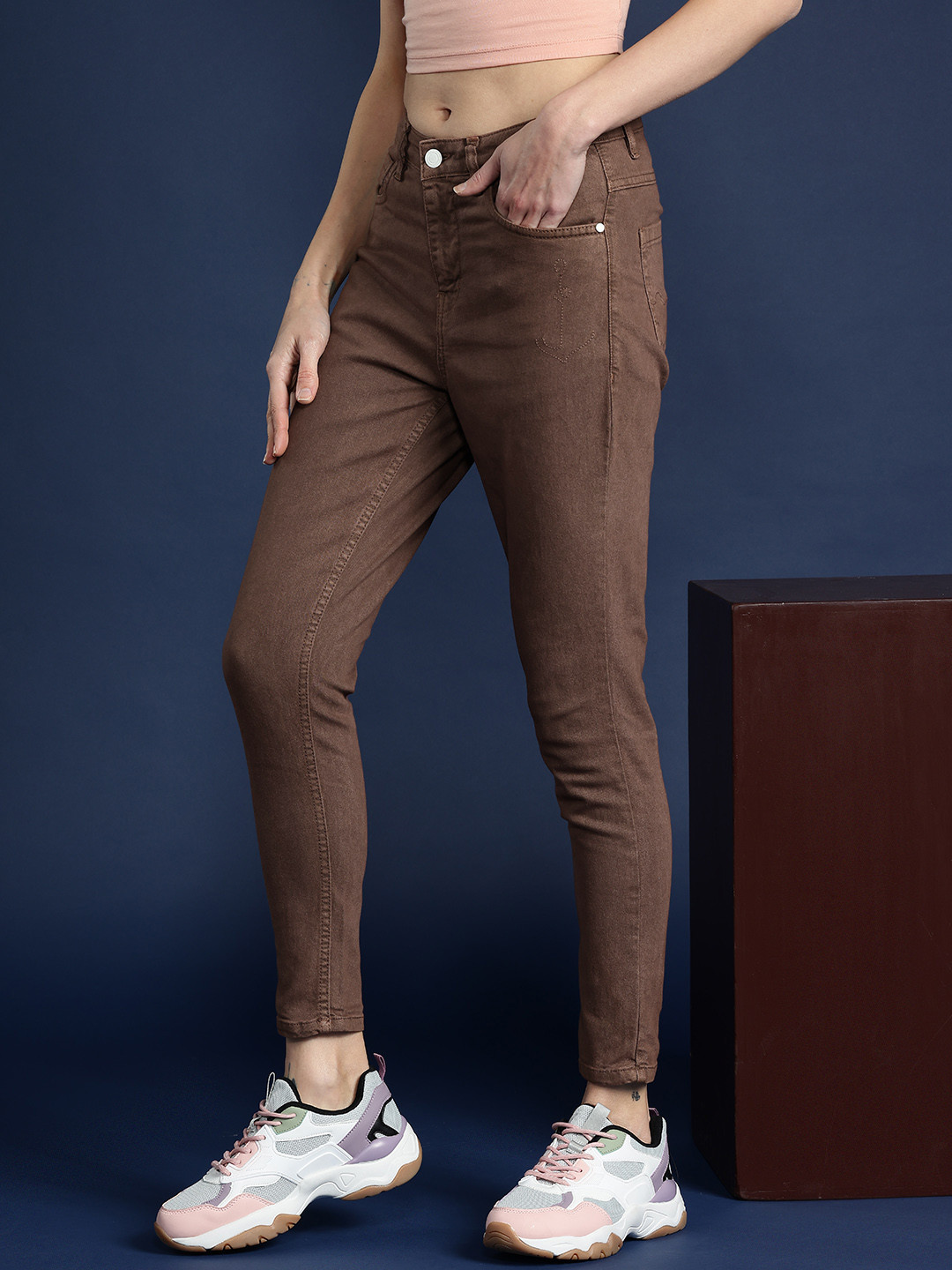 

Mast & Harbour Women Skinny Fit High-Rise Stretchable Jeans, Brown