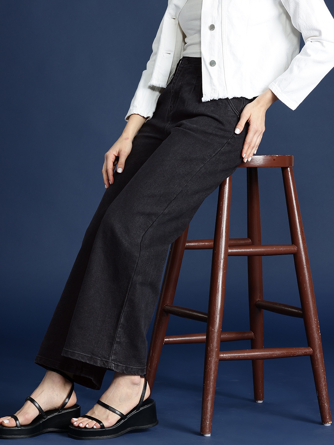 

Mast & Harbour Women Wide Leg High-Rise Stretchable Jeans, Black